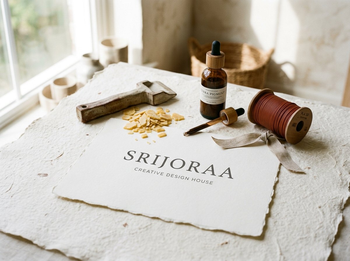 Creative studio table with raw wax, pigments, and deckle-edge paper