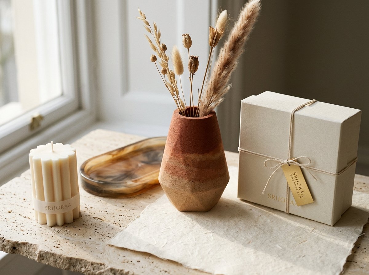 Curated still life featuring Srijoraa sculpted candle, resin tray, 3D-printed vessel, and gift box